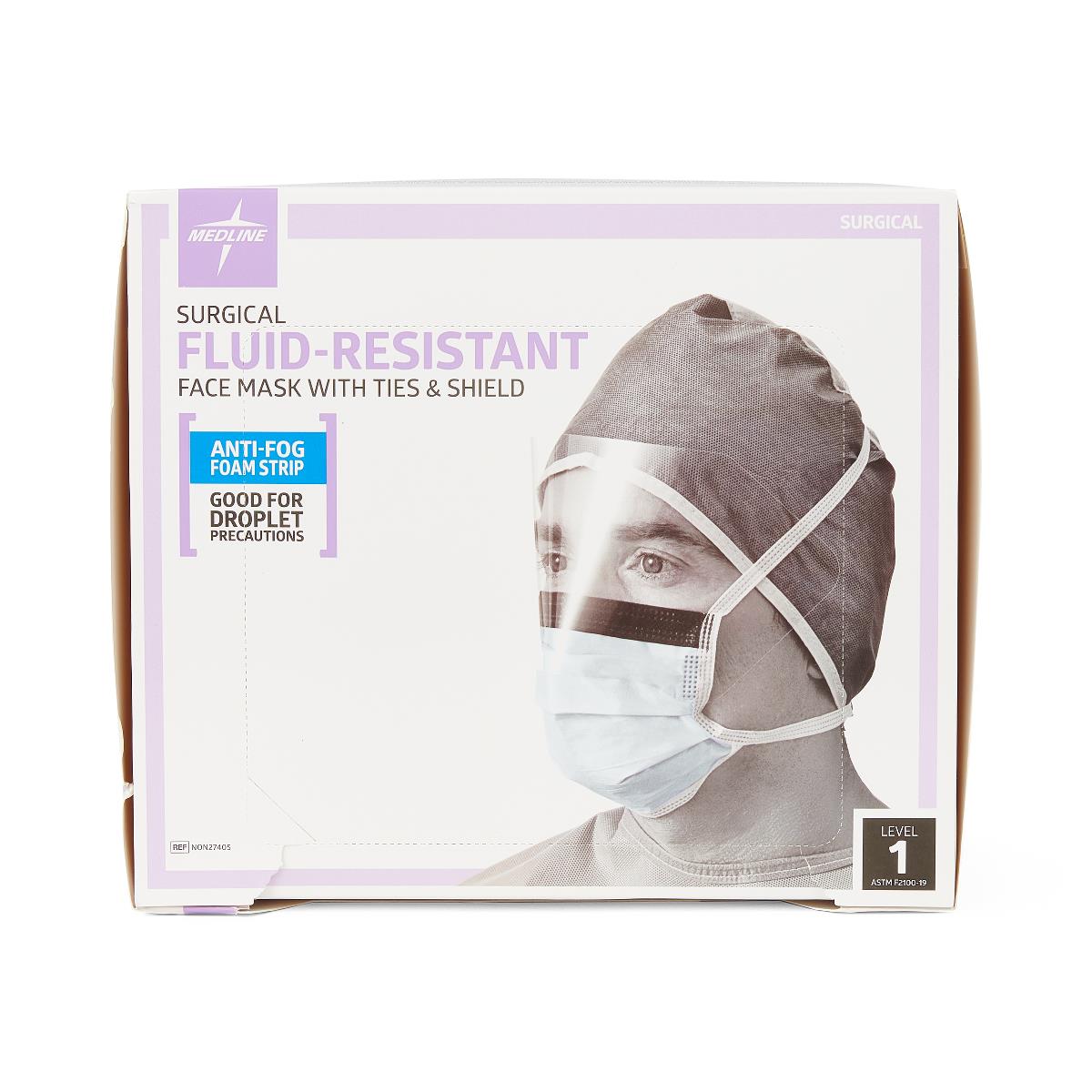 Medline ASTM L1 Surgical Mask with Anti-Fog Eye Shield with Ties