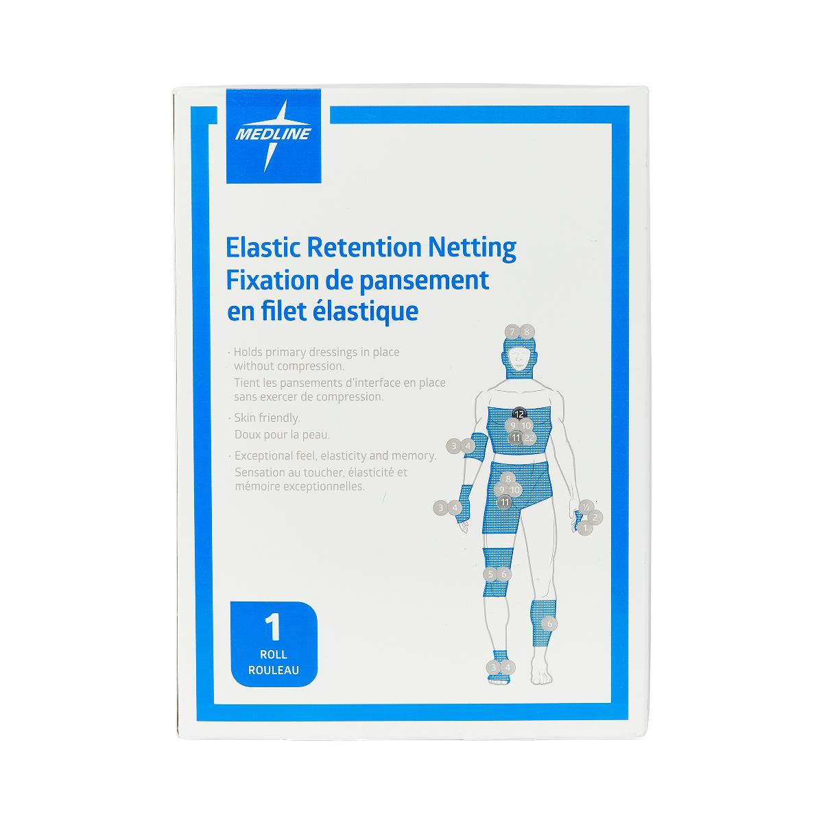 Medline stretch tubular elastic dressing retention net on a limb.