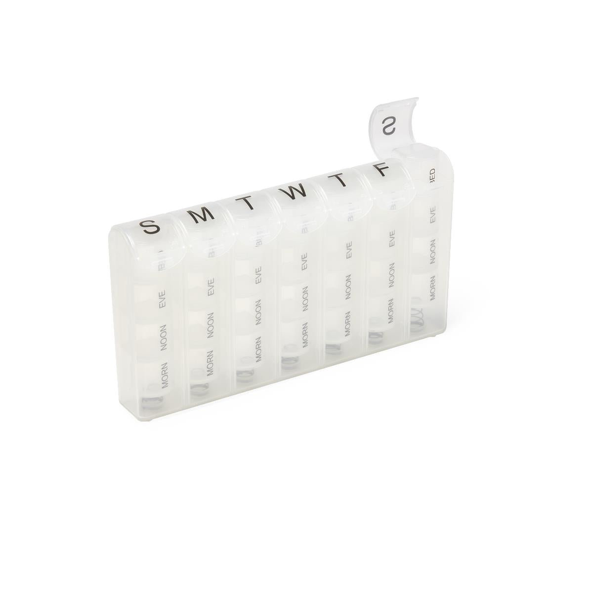 Medline 7-day pill organizer showing open compartments for easy access.