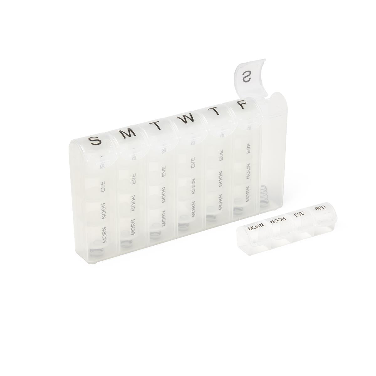 Medline 7-day pill organizer from an alternate angle, highlighting its compact design.