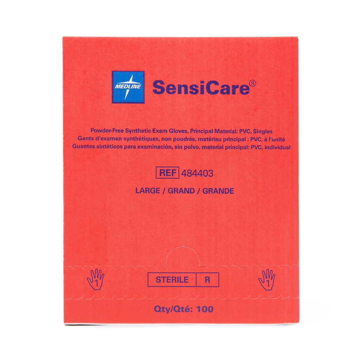 Sensicare powder-free stretch vinyl sterile exam gloves, box packaging.