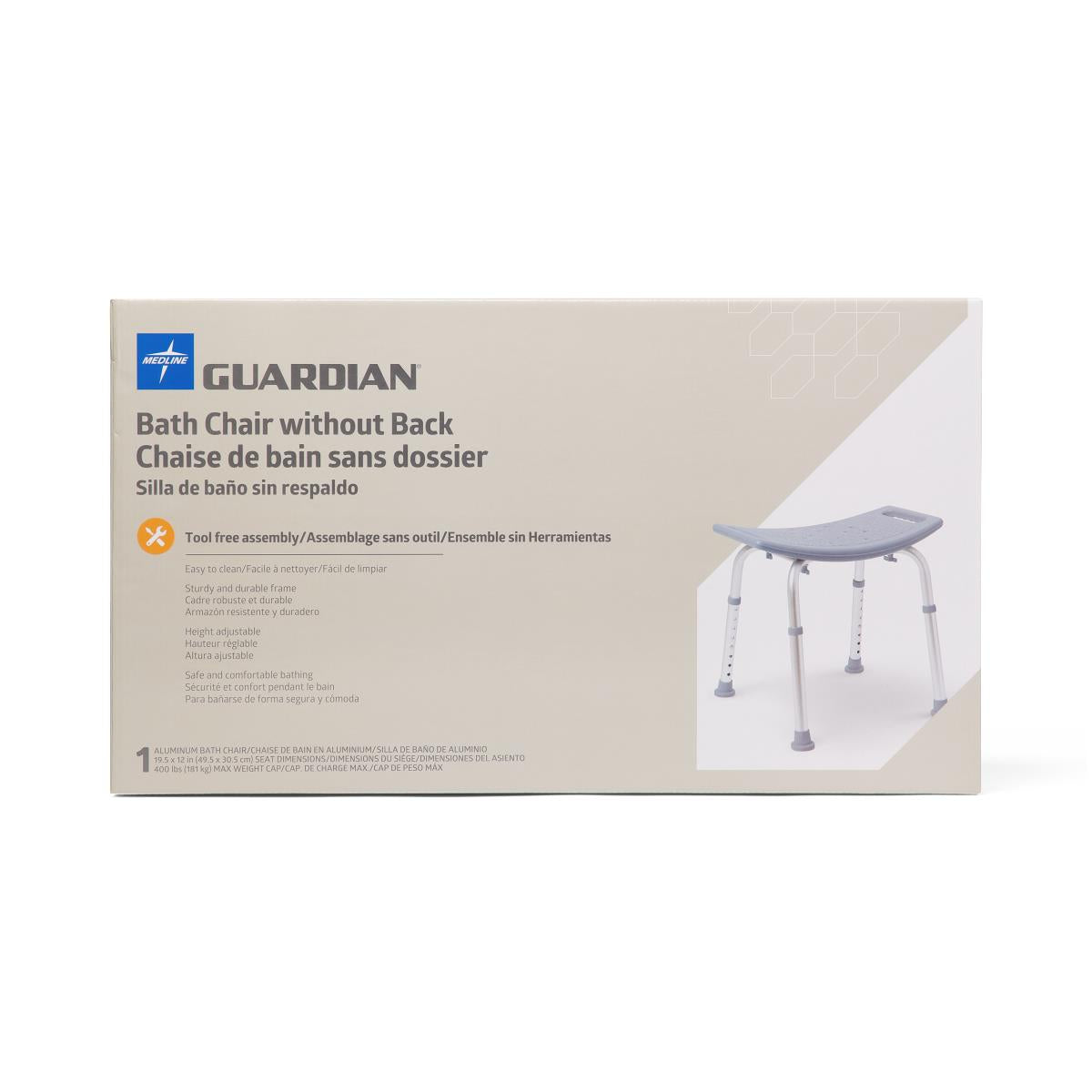 Medline Guardian shower chair/bench without back, detailed view.