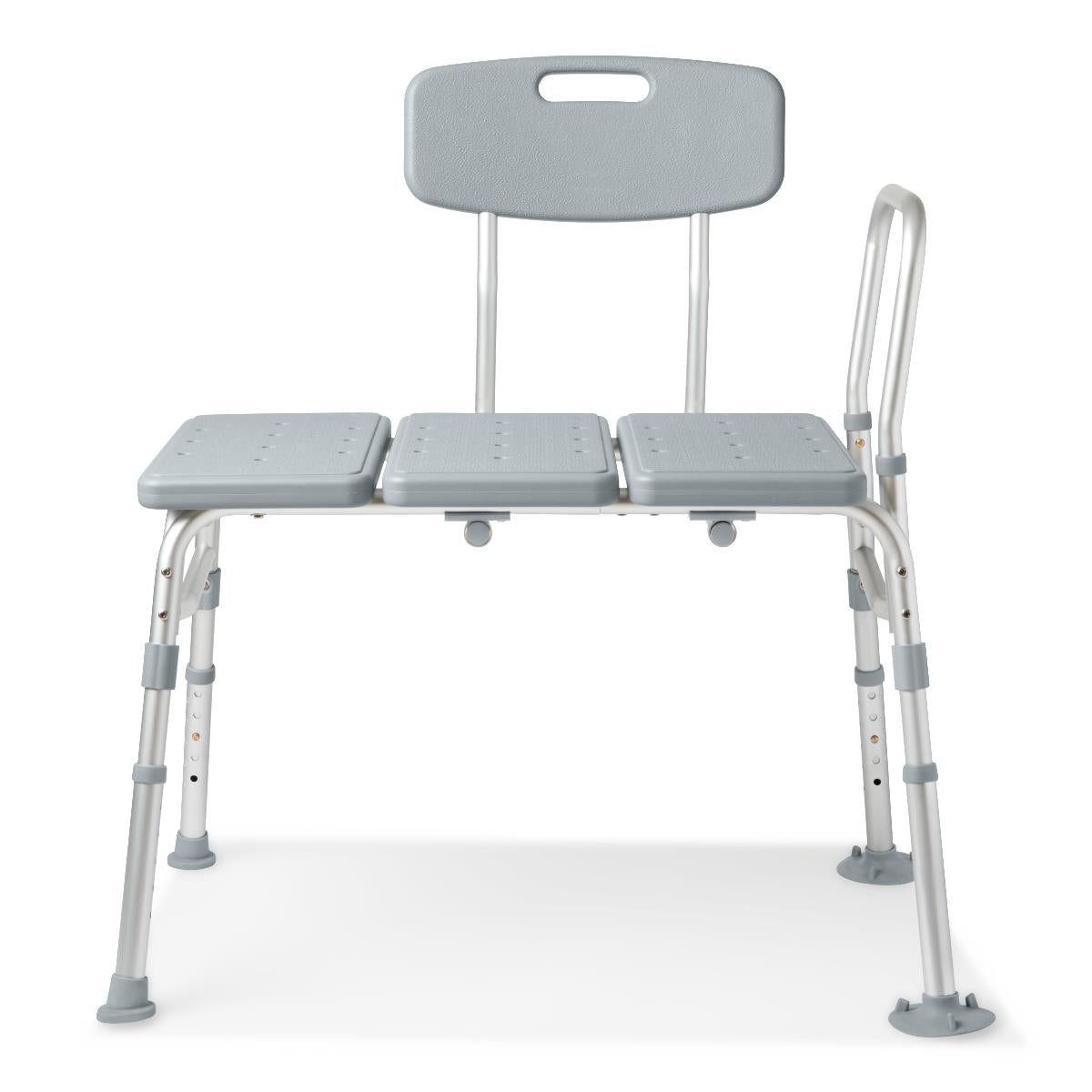 Medline transfer bench with back, showcasing the backrest and arm support.