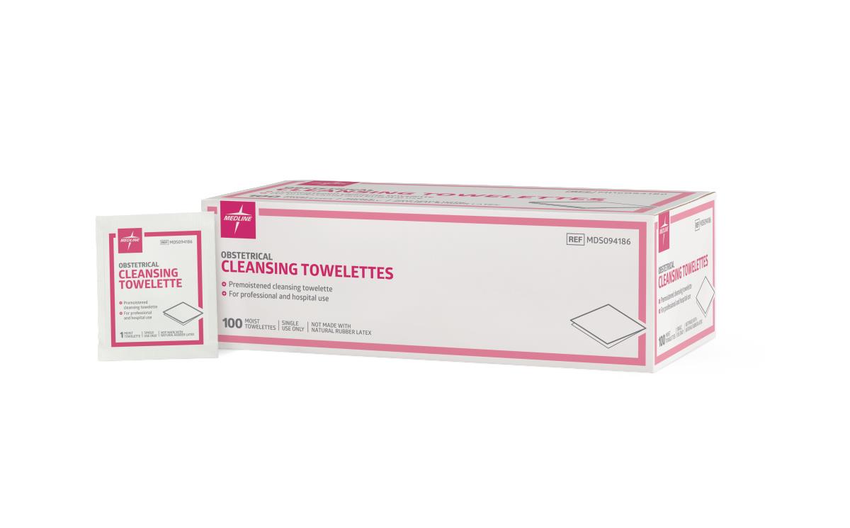 Medline Obstetrical Cleaning Towelettes, towelette in hand, demonstrating flexibility and softness.