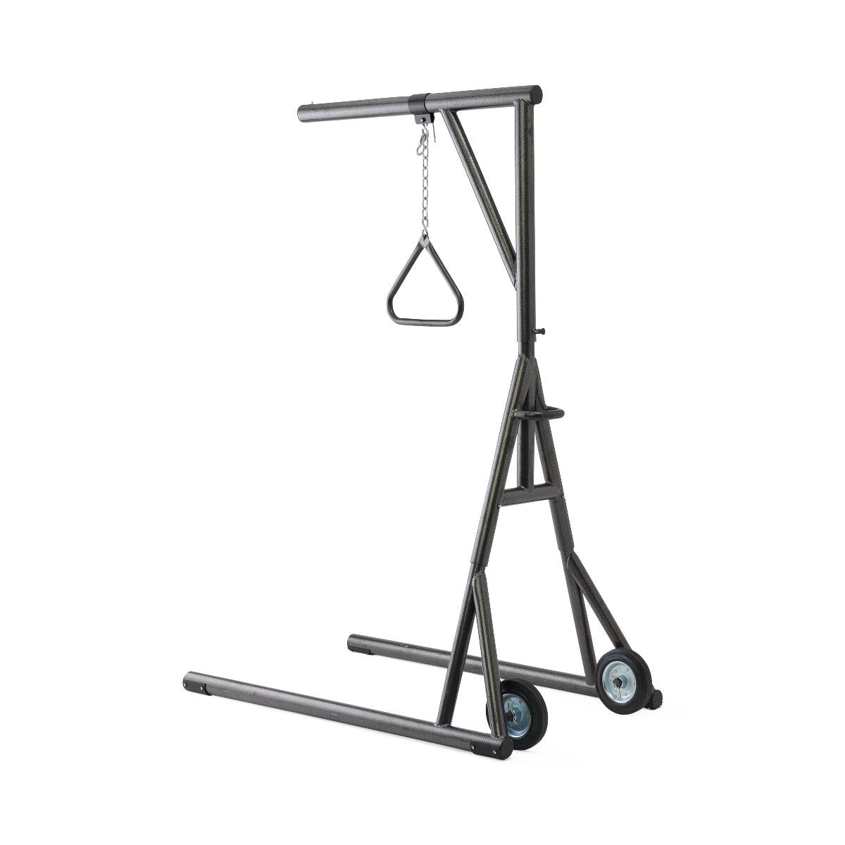 Freestanding bariatric trapeze with wheels, close-up of the trapeze handle.