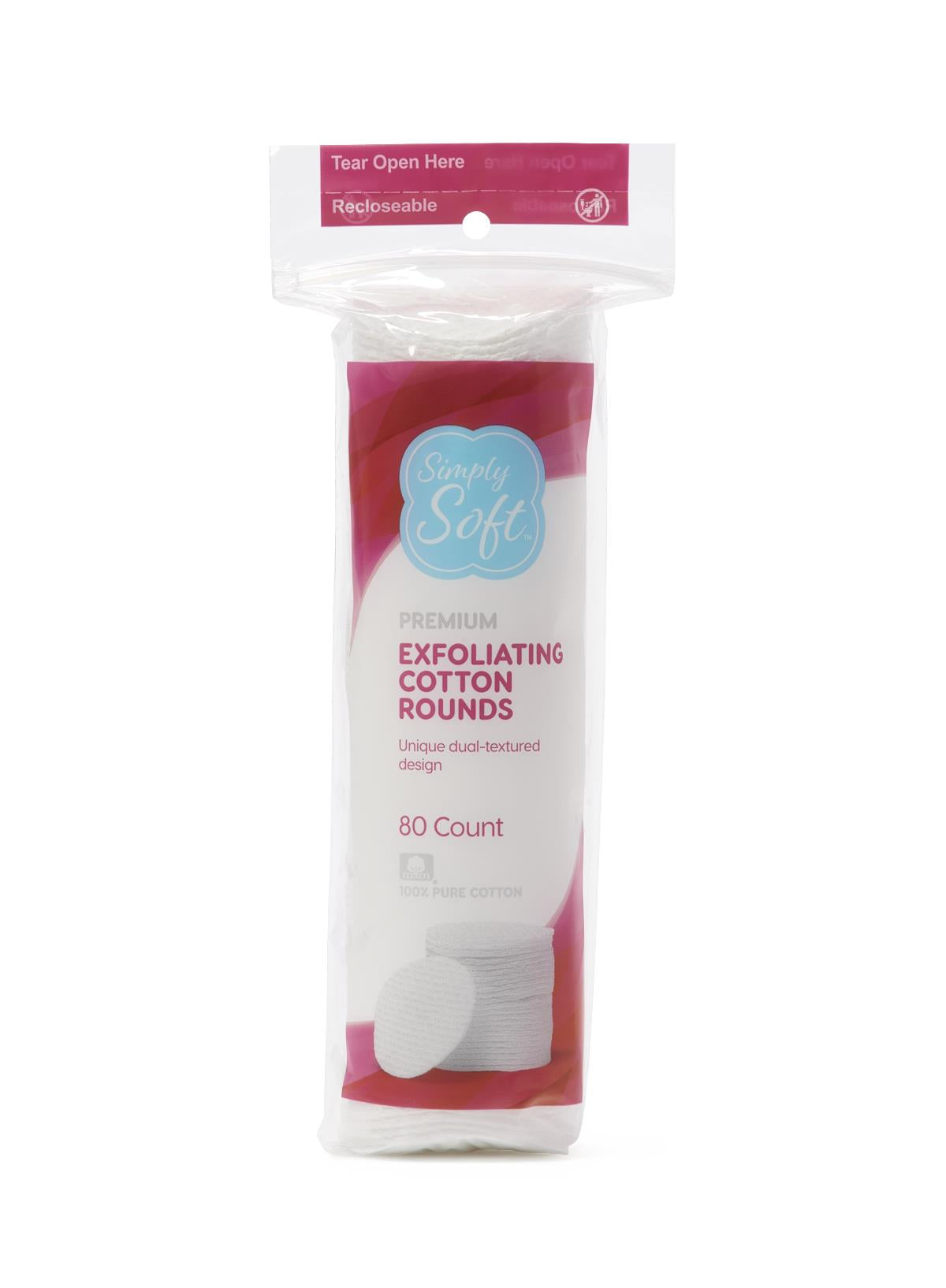 Simply Soft Exfoliating Cotton Rounds packaging, front view, primary product image.