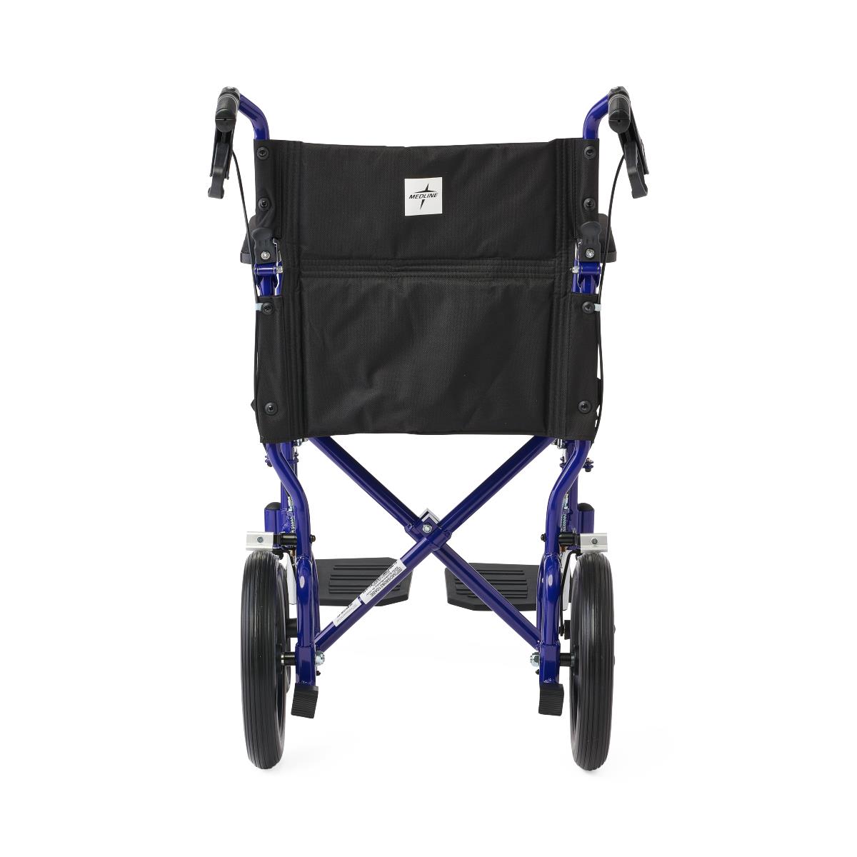 Close-up of the aluminum transport chair's footrests.