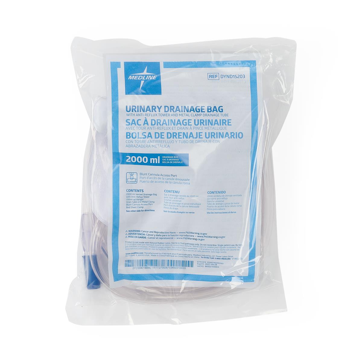 Poche de drainage urinaire avec tour anti-reflux et orifice de drainage à pince métallique (paquet de 20)