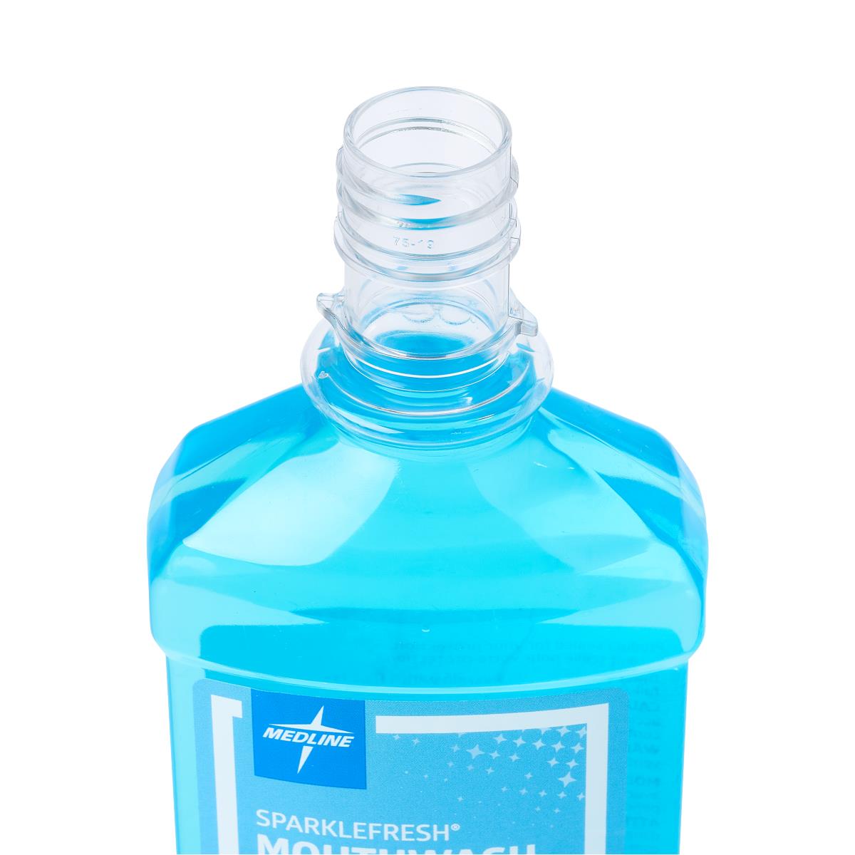 Sparklefresh Alcohol-free Mouthwash bottle, close-up of label or cap.
