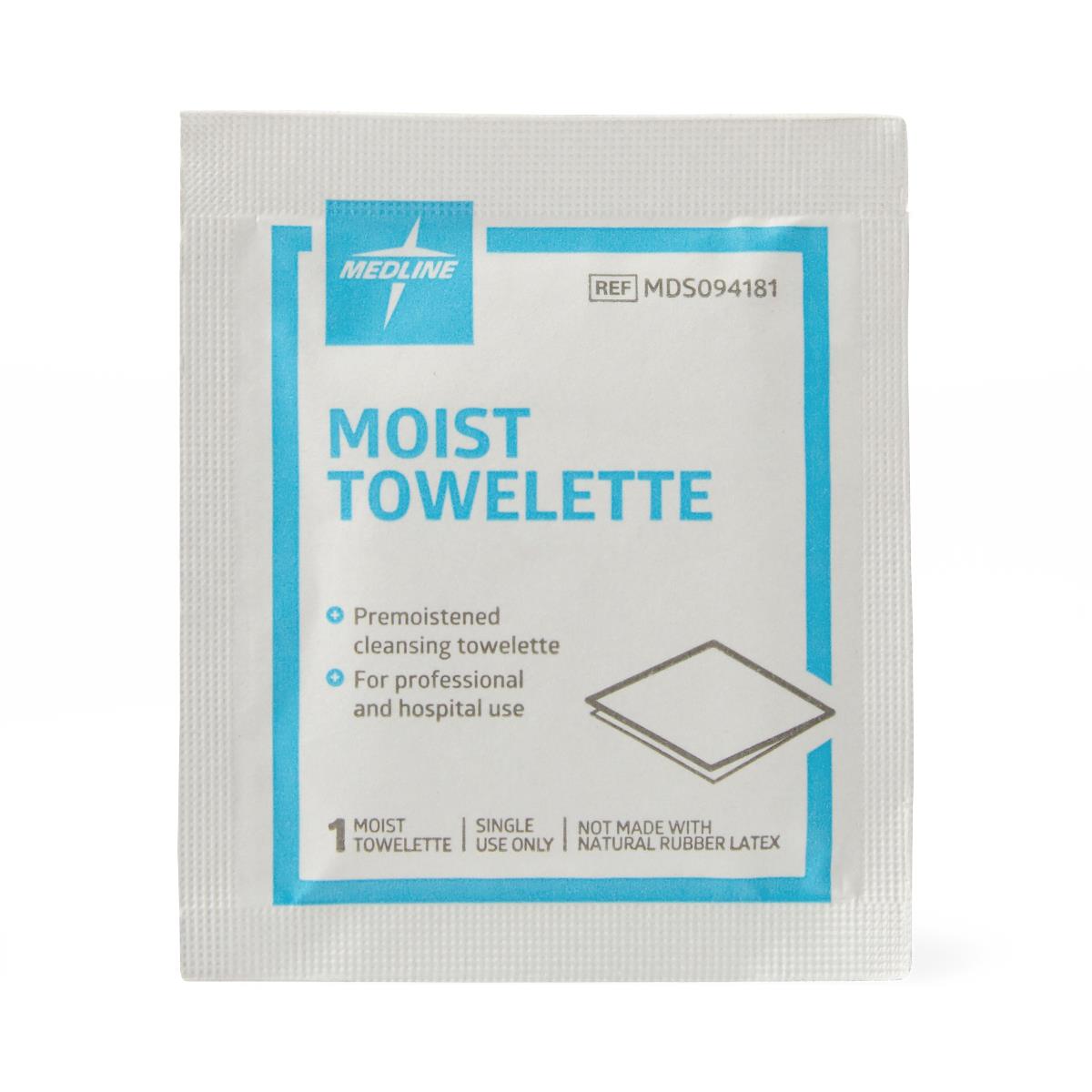 Medline Alcohol-free Moist Towelettes, demonstrating size and texture.
