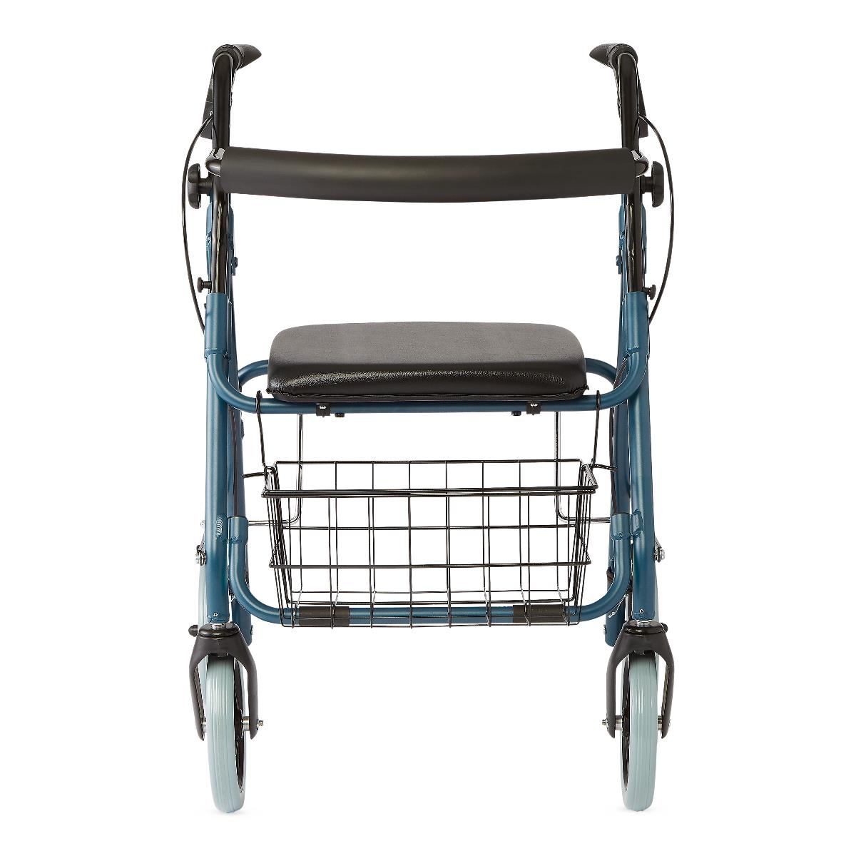 Blue rollator walker with a comfortable seat and backrest.