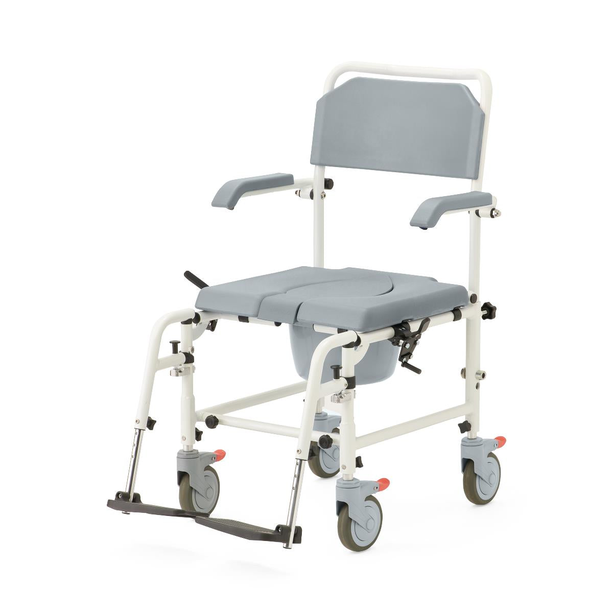 Aluminum commode with wheels, close-up of wheel with locking mechanism