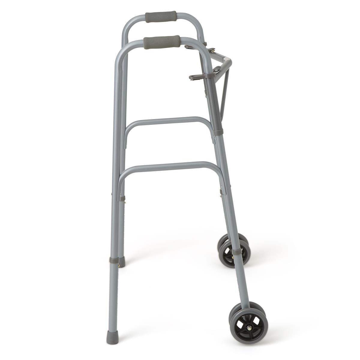 Medline Guardian bariatric folding walker with wheels, showing folding mechanism.