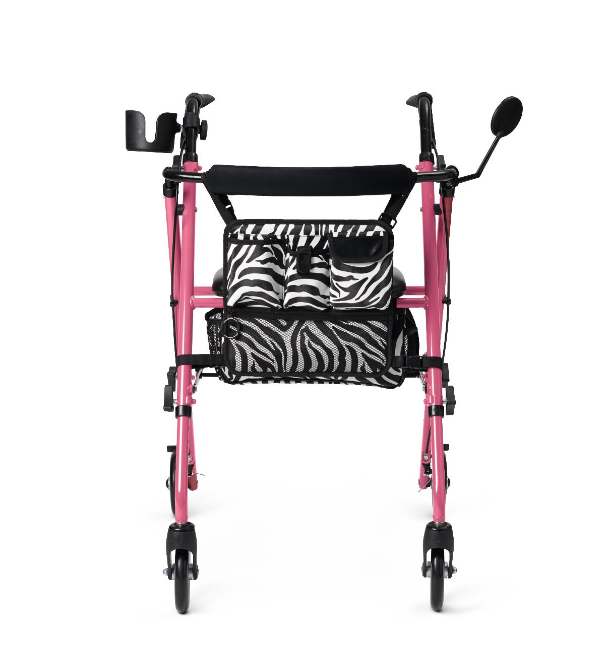 Medline Deluxe Posh Pink Zebra Rollator, front view.