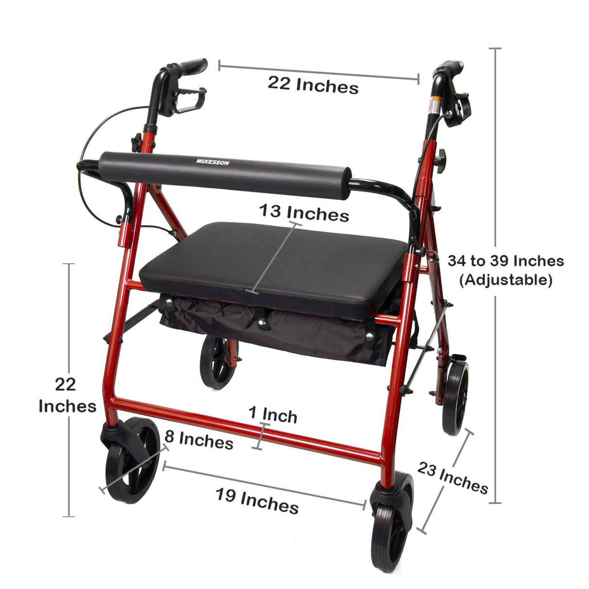 Bariatric 4 Wheel Rollator McKesson Red Adjustable Height / Heavy Duty / Folding Steel Frame - BeHope