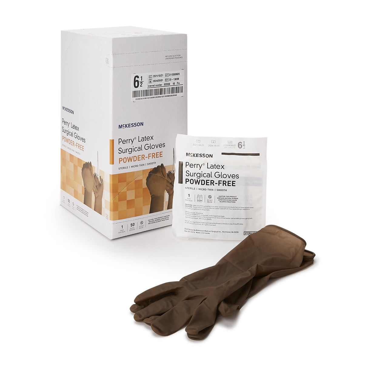Surgical Glove McKesson Perry® Size 6.5 Sterile Latex Standard Cuff Length Smooth Brown Not Chemo Approved - BeHope
