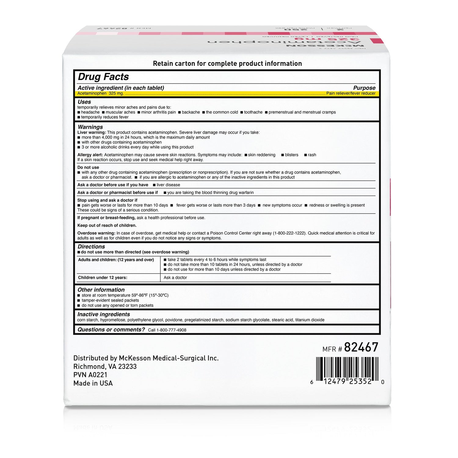 Pain Relief McKesson 325 mg Strength Acetaminophen Unit Dose Tablet 250 per Box - BeHope