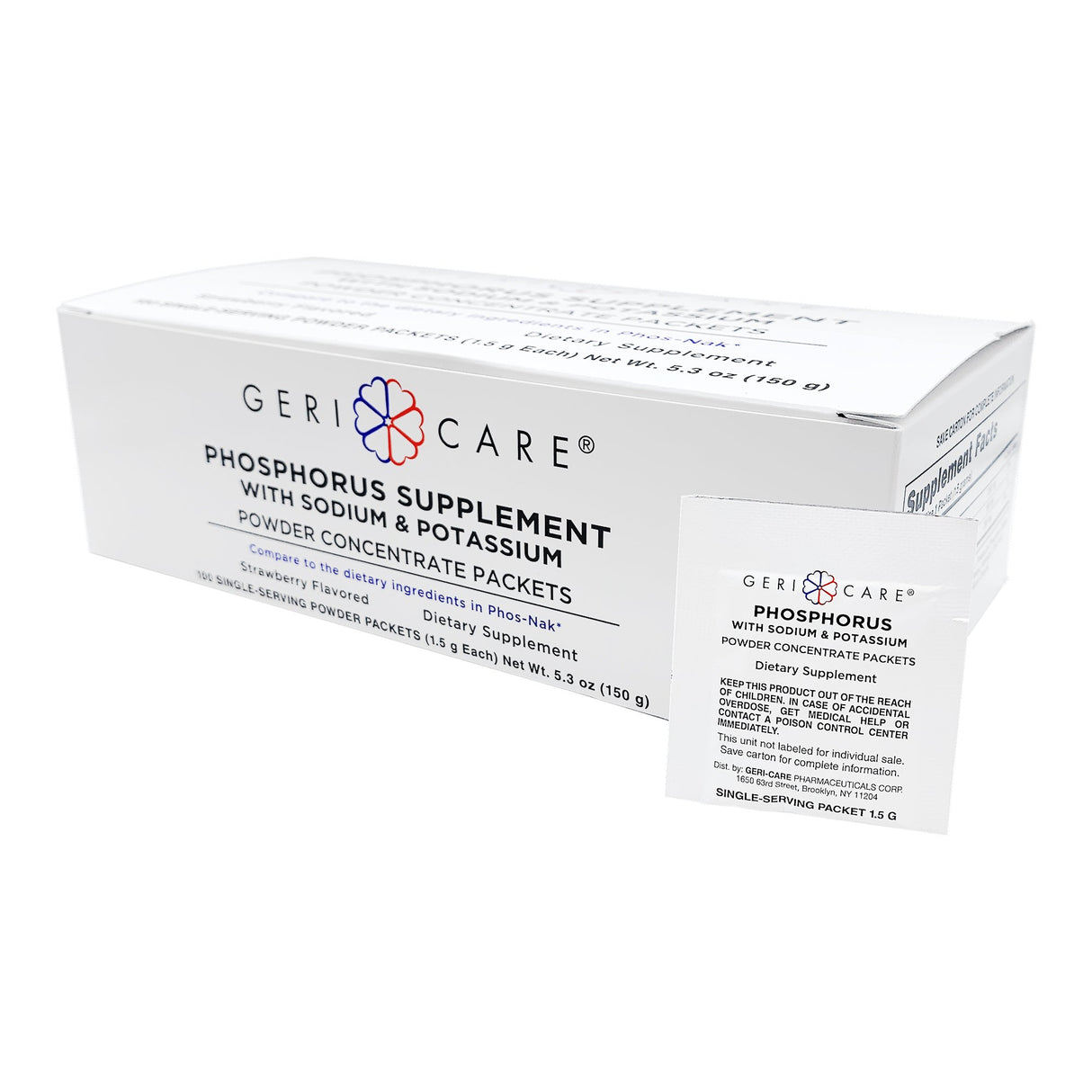 Dietary Supplement Geri-Care® Phosphorus / Sodium / Potassium 250 mg -160 mg - 280 mg Strength Oral Powder 100 per Box Strawberry Flavor - BeHope