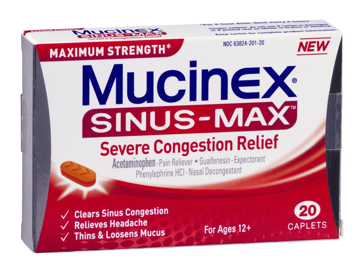 Cold and Sinus Relief Mucinex® Sinus-Max® 325 mg - 100 mg - 5 mg Strength Caplet 20 per Box - BeHope