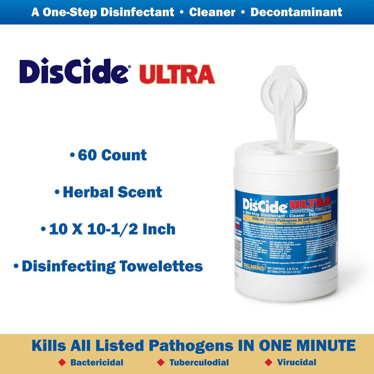 Surface Disinfectant Cleaner DisCide® Ultra Premoistened Quaternary Based Manual Pull Wipe 60 Count Canister Herbal Scent NonSterile - BeHope