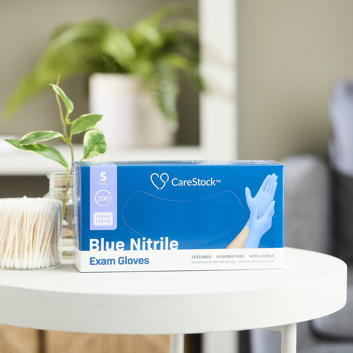 Exam Glove CareStock™ Small NonSterile Nitrile Standard Cuff Length Textured Fingertips Blue Chemo Tested - BeHope