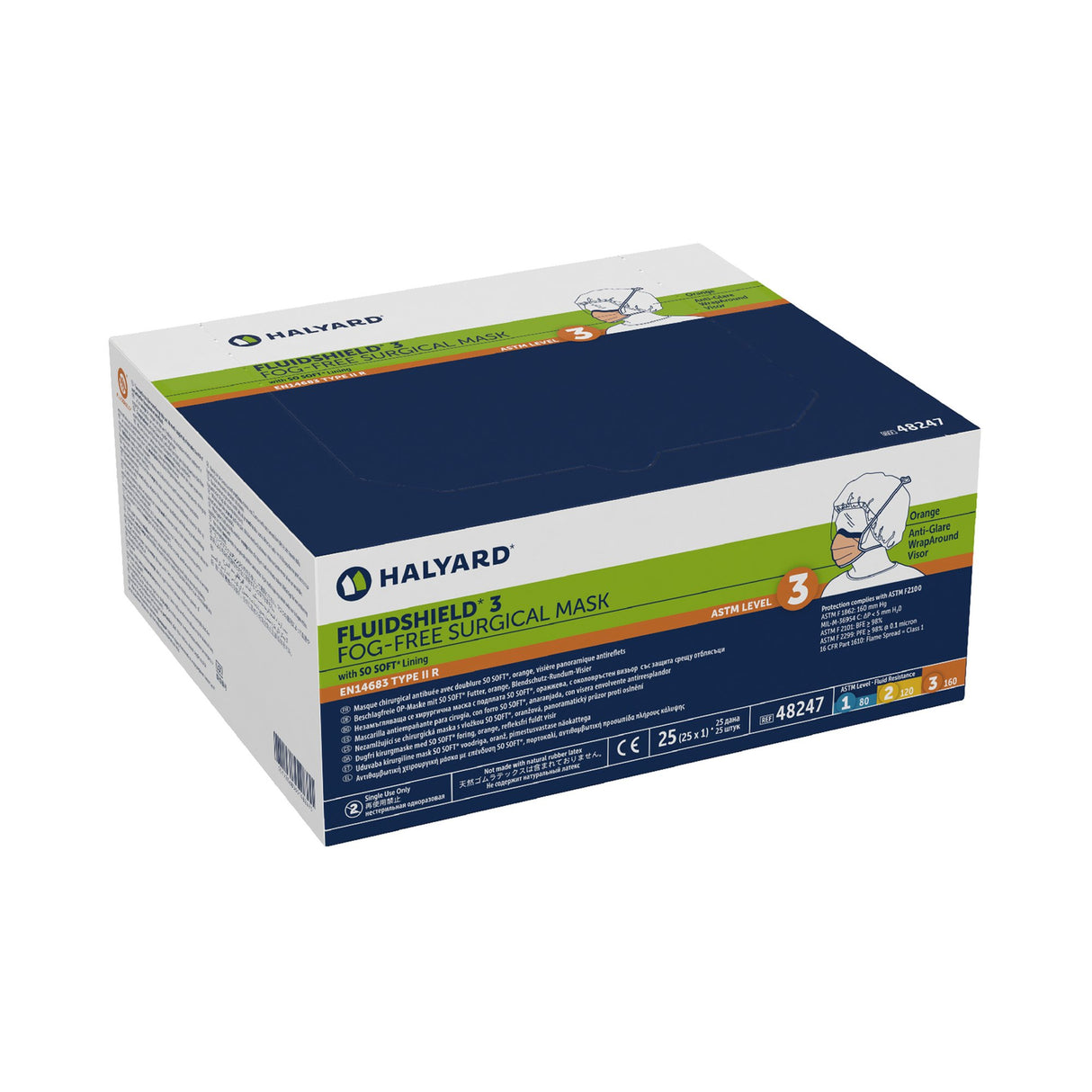 Surgical Mask with Eye Shield FluidShield Anti-fog Foam ASTM Level 3 Tie Closure One Size Fits Most - BeHope