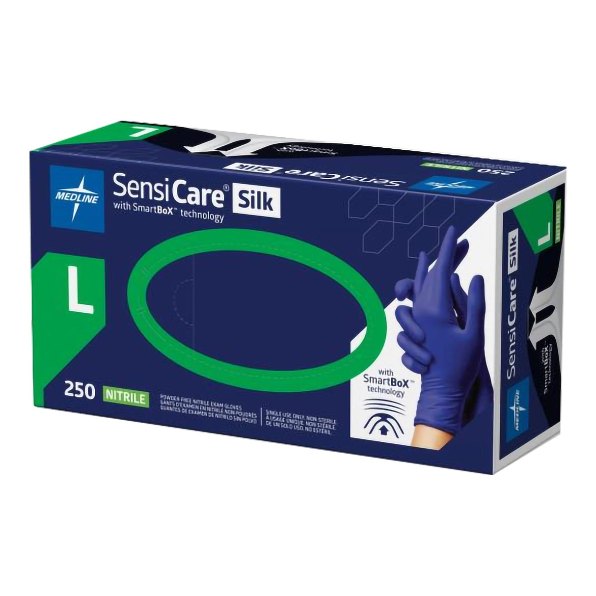 Exam Glove SensiCare® Silk Large NonSterile Nitrile Standard Cuff Length Textured Fingertips Dark Blue Chemo Tested - BeHope