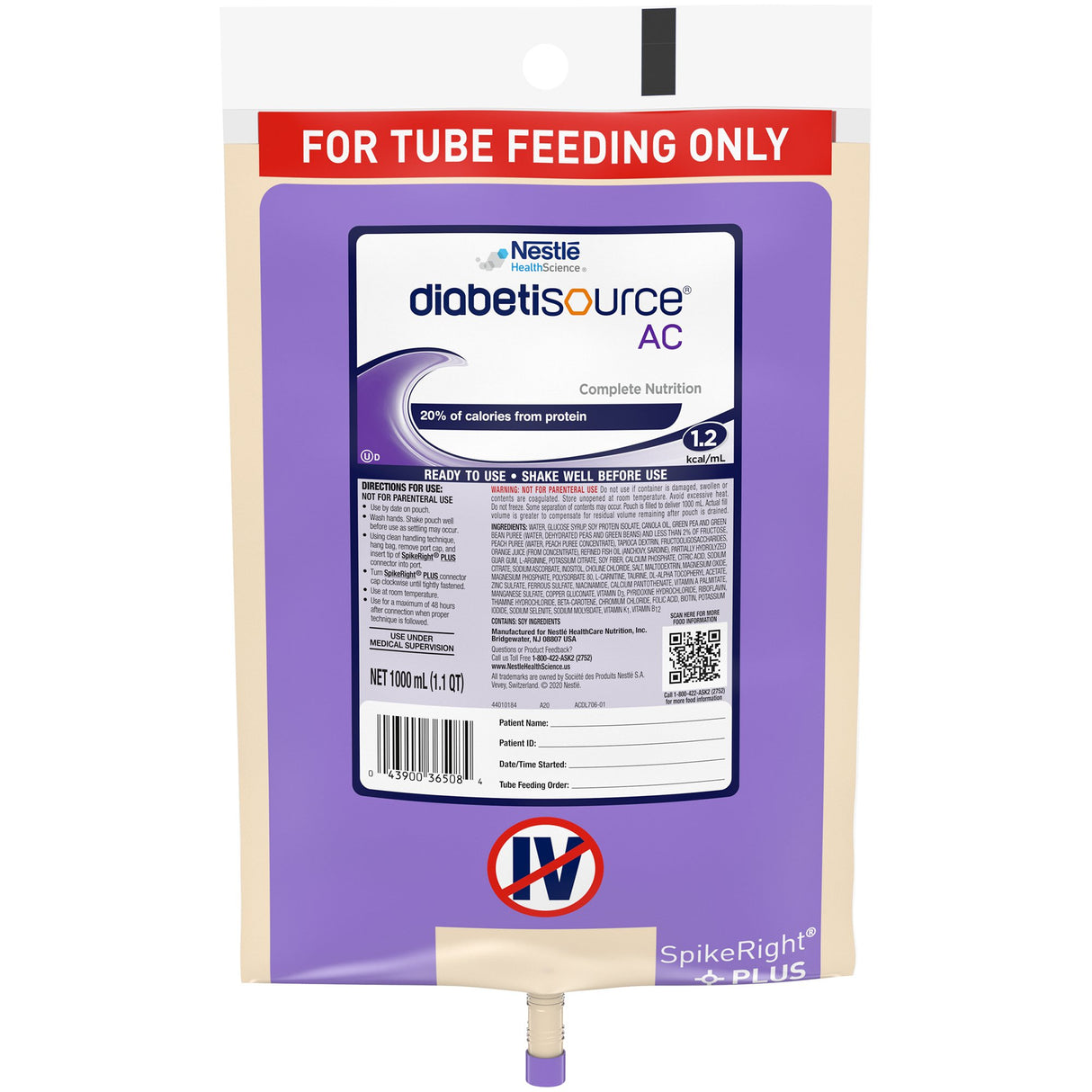 Tube Feeding Formula Diabetisource® AC Unflavored Liquid 1000 mL Ready to Hang Prefilled Container - BeHope