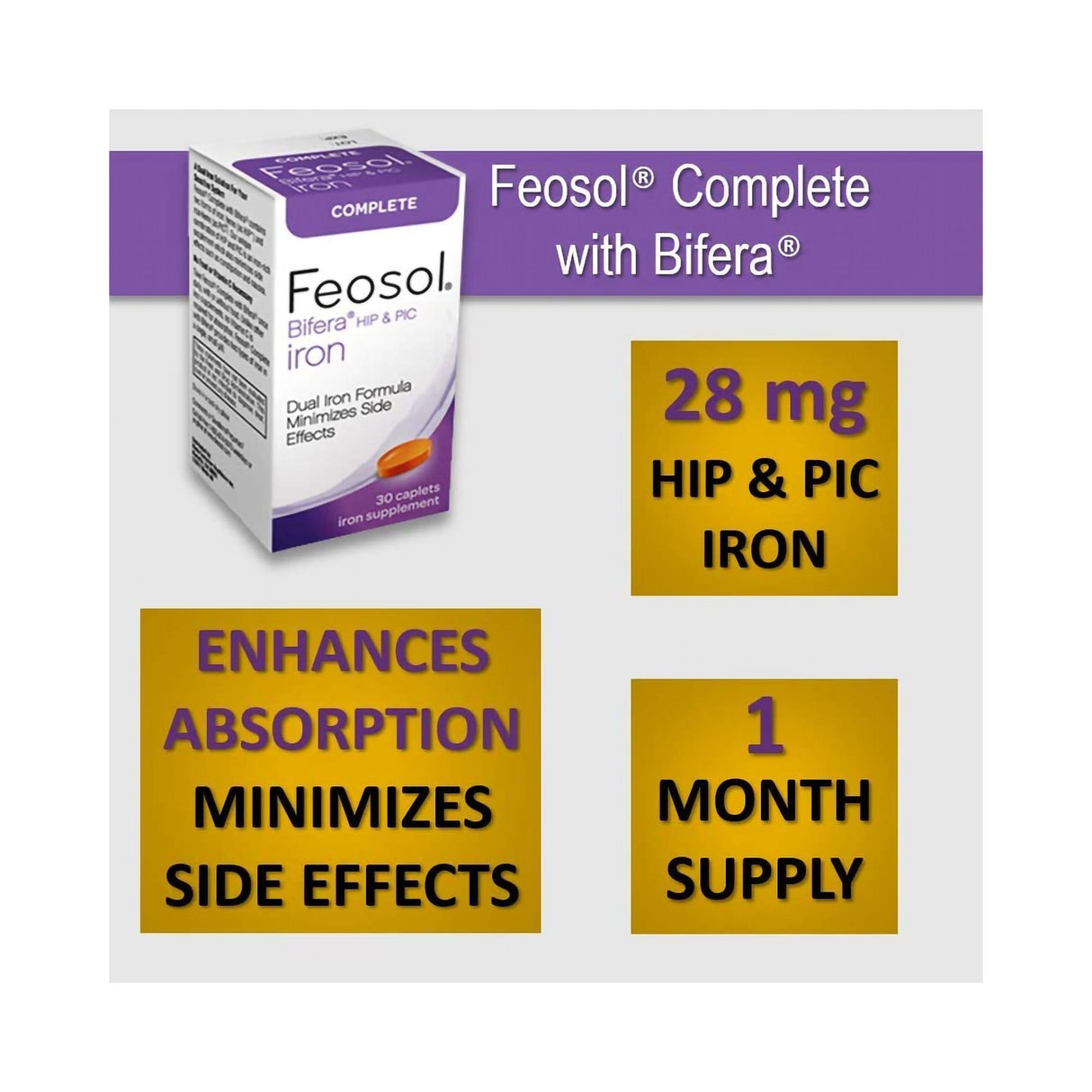 Mineral Supplement Feosol® Bifera® Hip & PIC Iron / PIC / HIP 28 mg - 22 mg - 6 mg Strength Caplet 30 per Bottle - BeHope