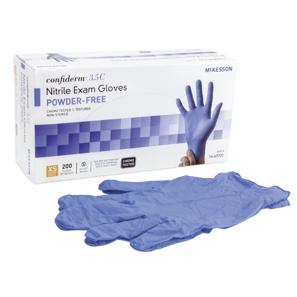 Exam Glove McKesson Confiderm® 3.5C X-Small NonSterile Nitrile Standard Cuff Length Textured Fingertips Blue Chemo Tested - BeHope