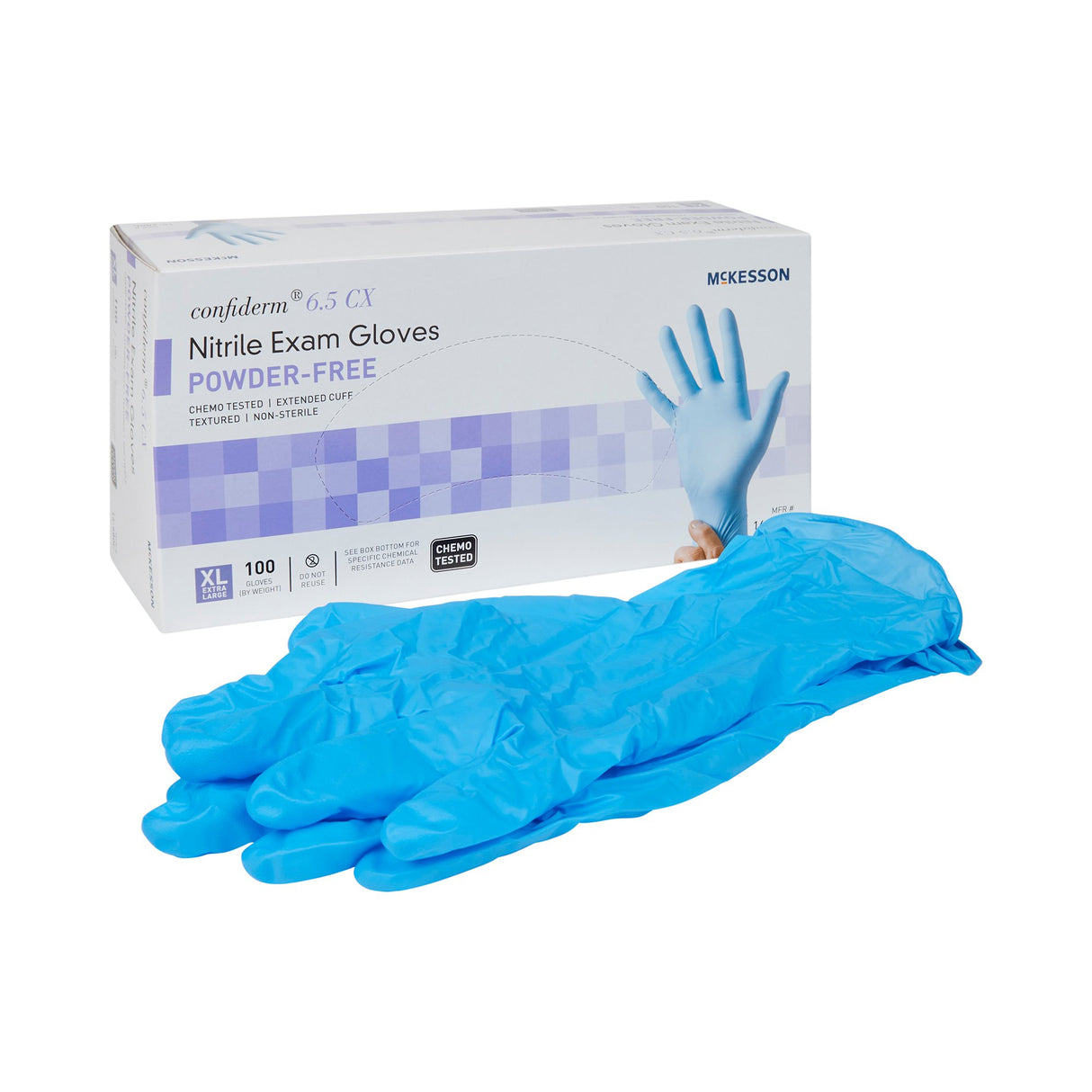 Exam Glove McKesson Confiderm® 6.5CX X-Large NonSterile Nitrile Extended Cuff Length Textured Fingertips Blue Chemo Tested - BeHope