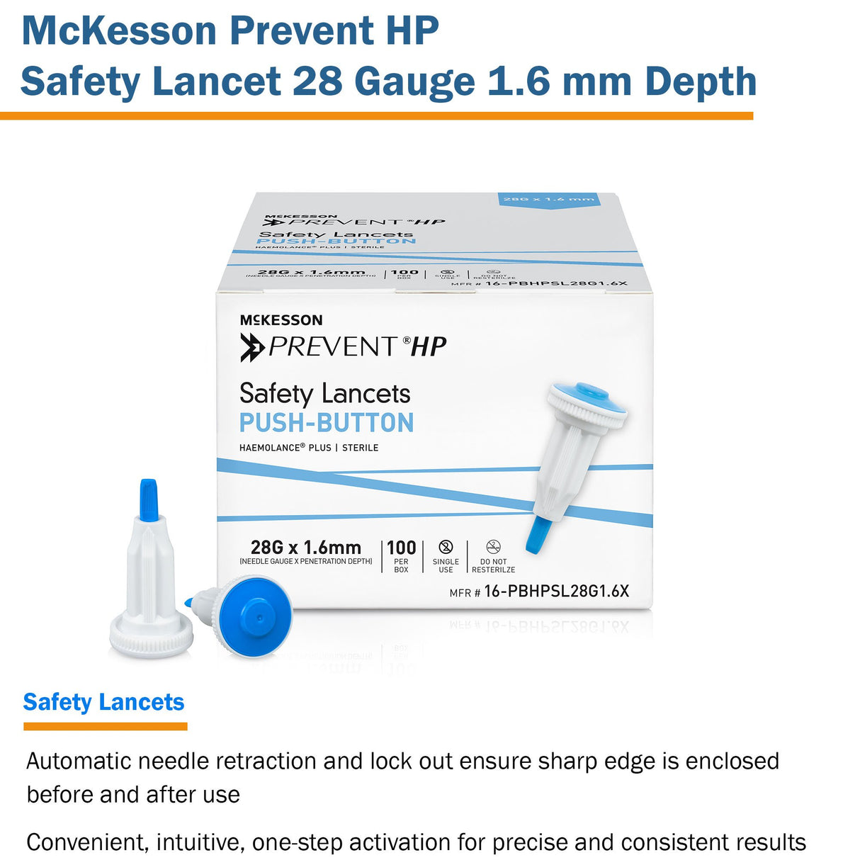 Safety Lancet McKesson Prevent® HP 28 Gauge Retractable Push Button Activation Finger - BeHope