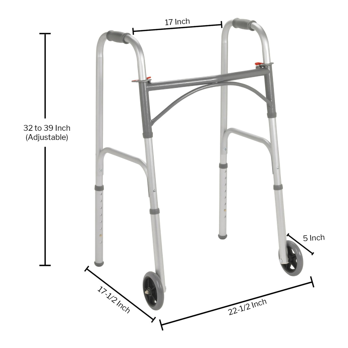 Dual Release Folding Walker with Wheels Adjustable Height McKesson Steel Frame 350 lbs. Weight Capacity 32 to 39 Inch Height - BeHope