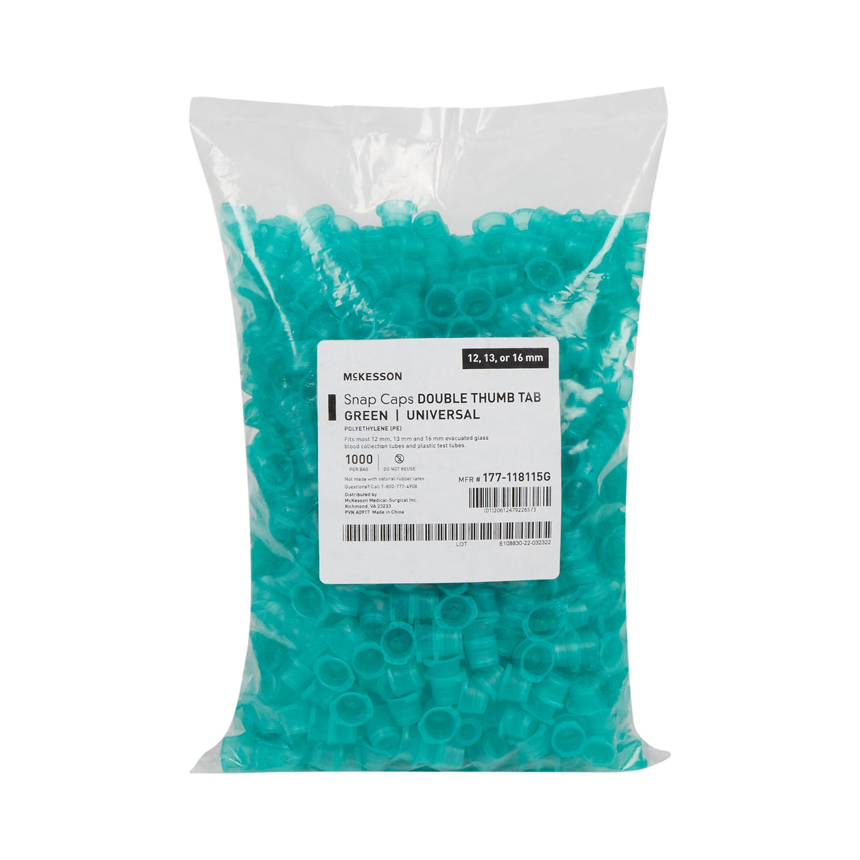 McKesson Tube Closure Polyethylene Snap Cap Green 12 mm / 13 mm / 16 mm (Universal) Fits Most 12mm, 13mm and 16mm Evacuated Glass Blood Collection Tubes and Plastic Test Tubes NonSterile - BeHope