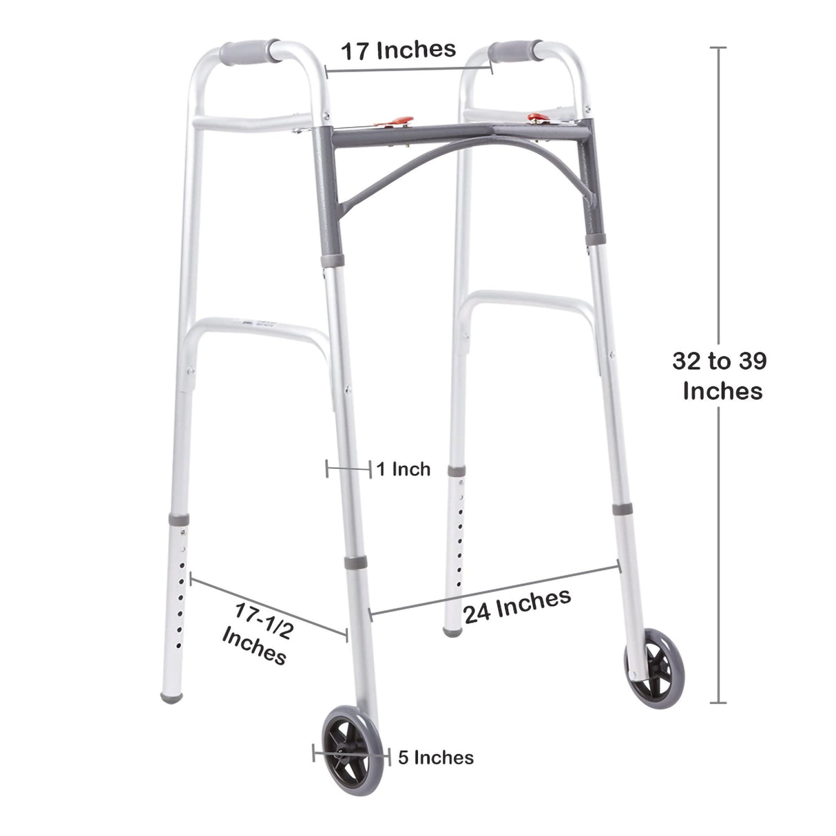 Dual Release Folding Walker with Wheels Adjustable Height McKesson Aluminum Frame 350 lbs. Weight Capacity 32 to 39 Inch Height - BeHope