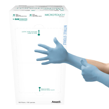 Exam Glove Micro-Touch® Medium Sterile Pair Nitrile Extended Cuff Length Textured Fingertips Blue Chemo Tested - BeHope