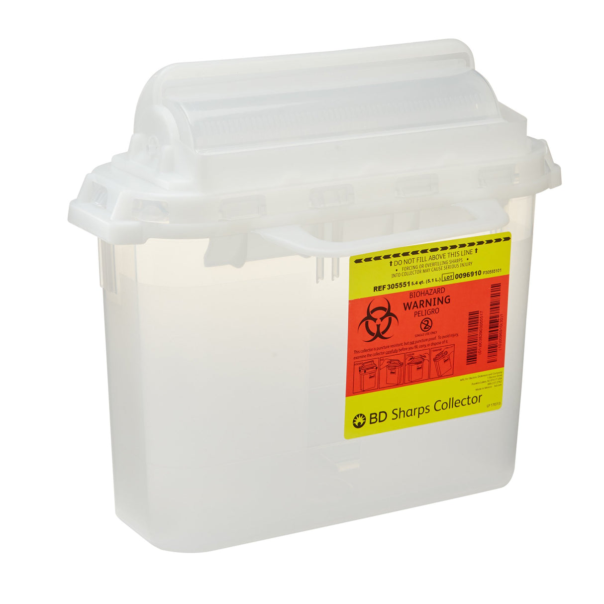 Sharps Container BD™ Translucent White Base 12 H X 12 W X 4-4/5 D Inch Horizontal Entry 1.35 Gallon - BeHope