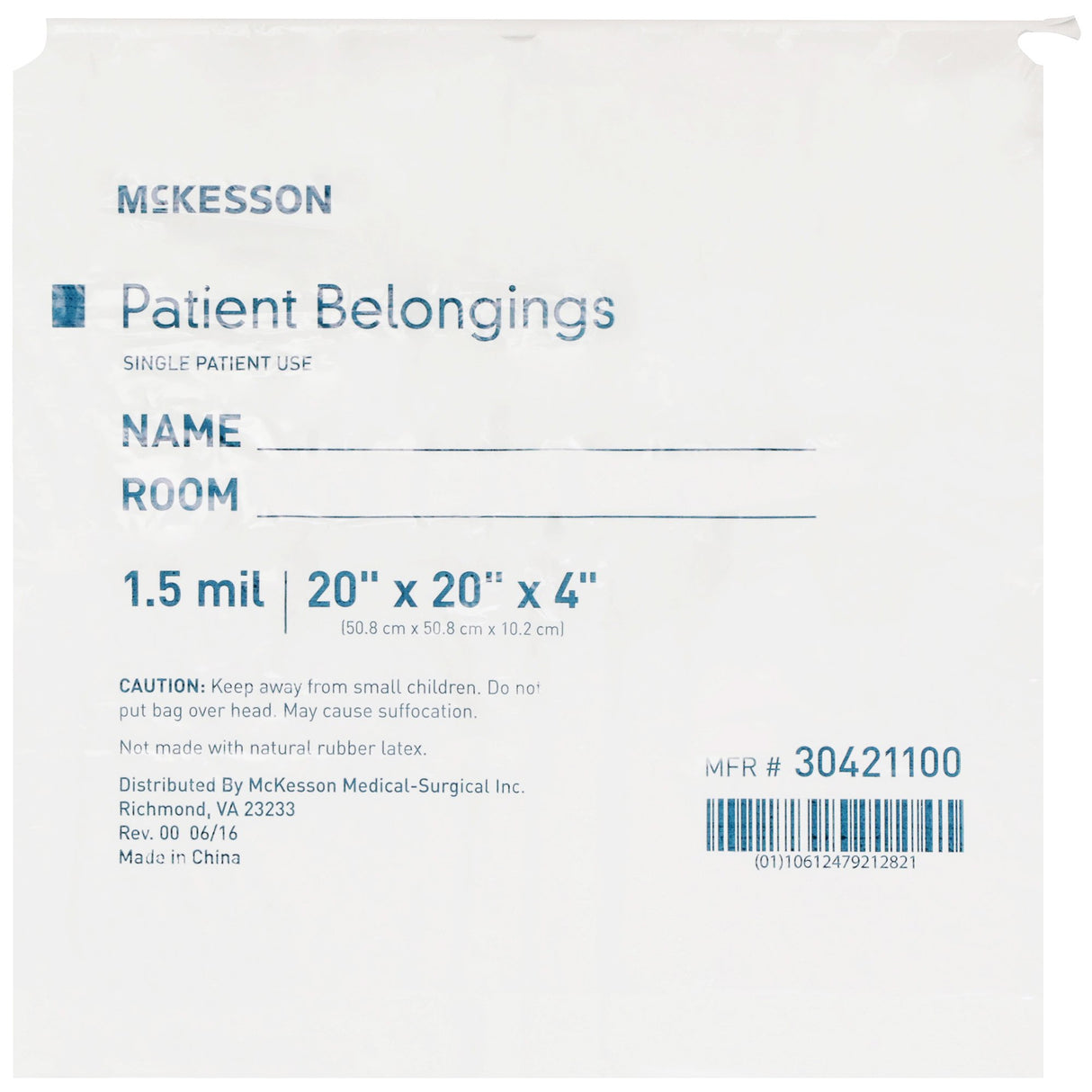 Patient Belongings Bag McKesson 4 X 20 X 20 Inch Polyethylene Drawstring Closure White - BeHope