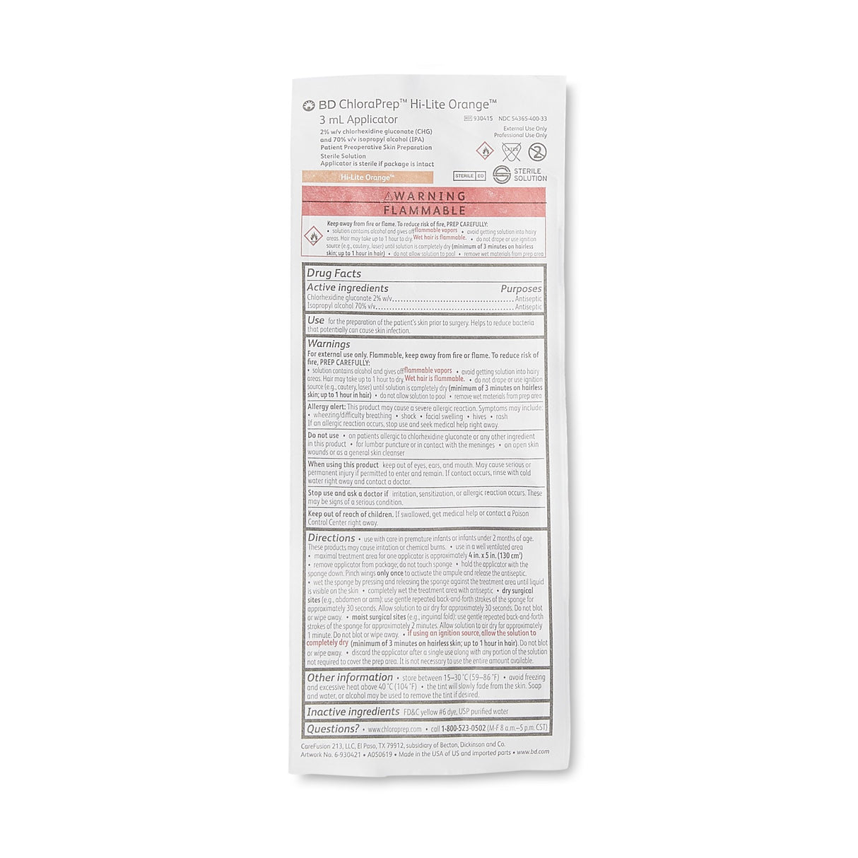 Skin Prep Solution ChloraPrep™ Hi-Lite Orange™ 3 mL Foam Applicator 2% / 70% Strength CHG (Chlorhexidine Gluconate) / Isopropyl Alcohol Sterile - BeHope