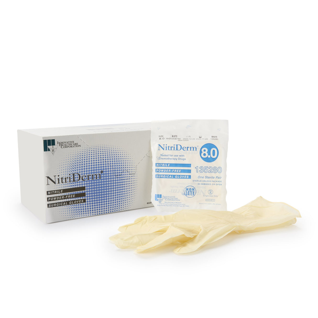 Surgical Glove NitriDerm® Size 8 Sterile Nitrile Standard Cuff Length Fully Textured White Chemo Tested - BeHope