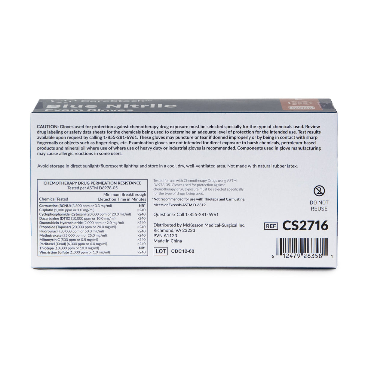 Exam Glove CareStock™ Large NonSterile Nitrile Standard Cuff Length Textured Fingertips Blue Chemo Tested - BeHope