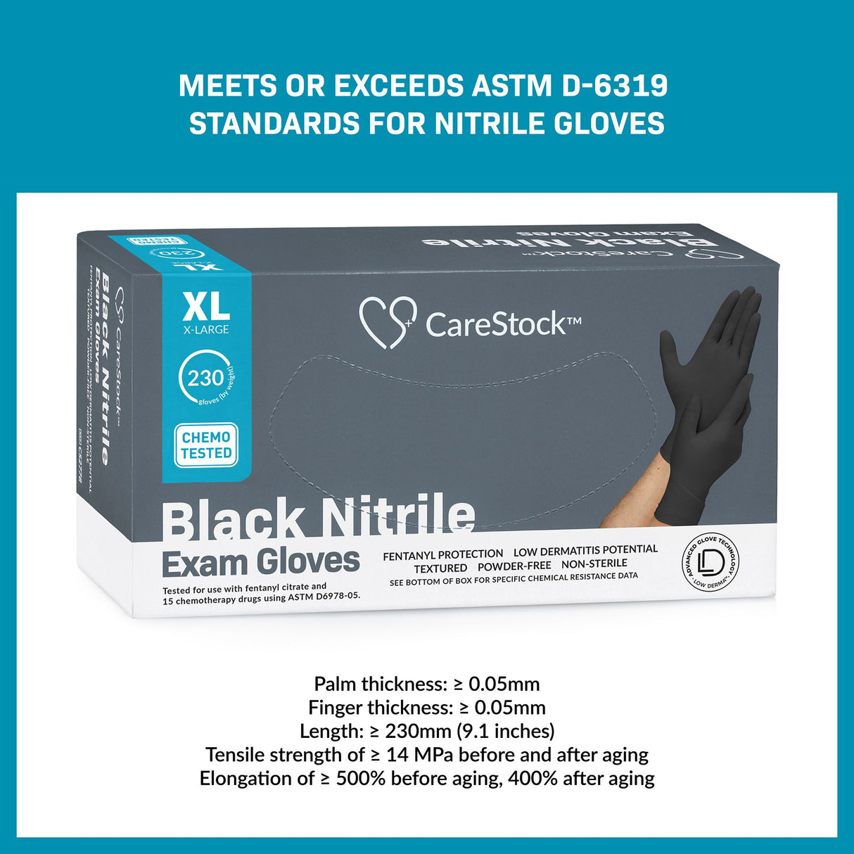 Exam Glove CareStock X-Large NonSterile Nitrile Standard Cuff Length Fully Textured Black Not Rated - BeHope