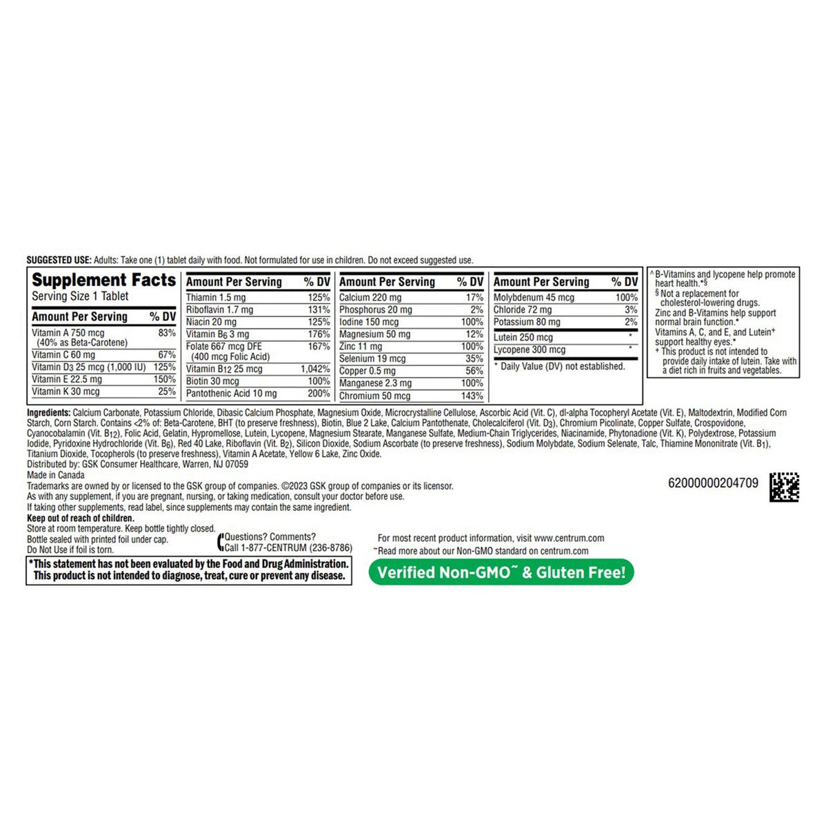 Multimineral / Multivitamin Supplement Centrum® Silver® Adults 50+ Vitamin A / C / D3 / E / K 750 mcg / 60 mg / 25 mcg / 22.5 mg / 30 mcg / 1.5 mg Strength Tablet 125 per Bottle - BeHope