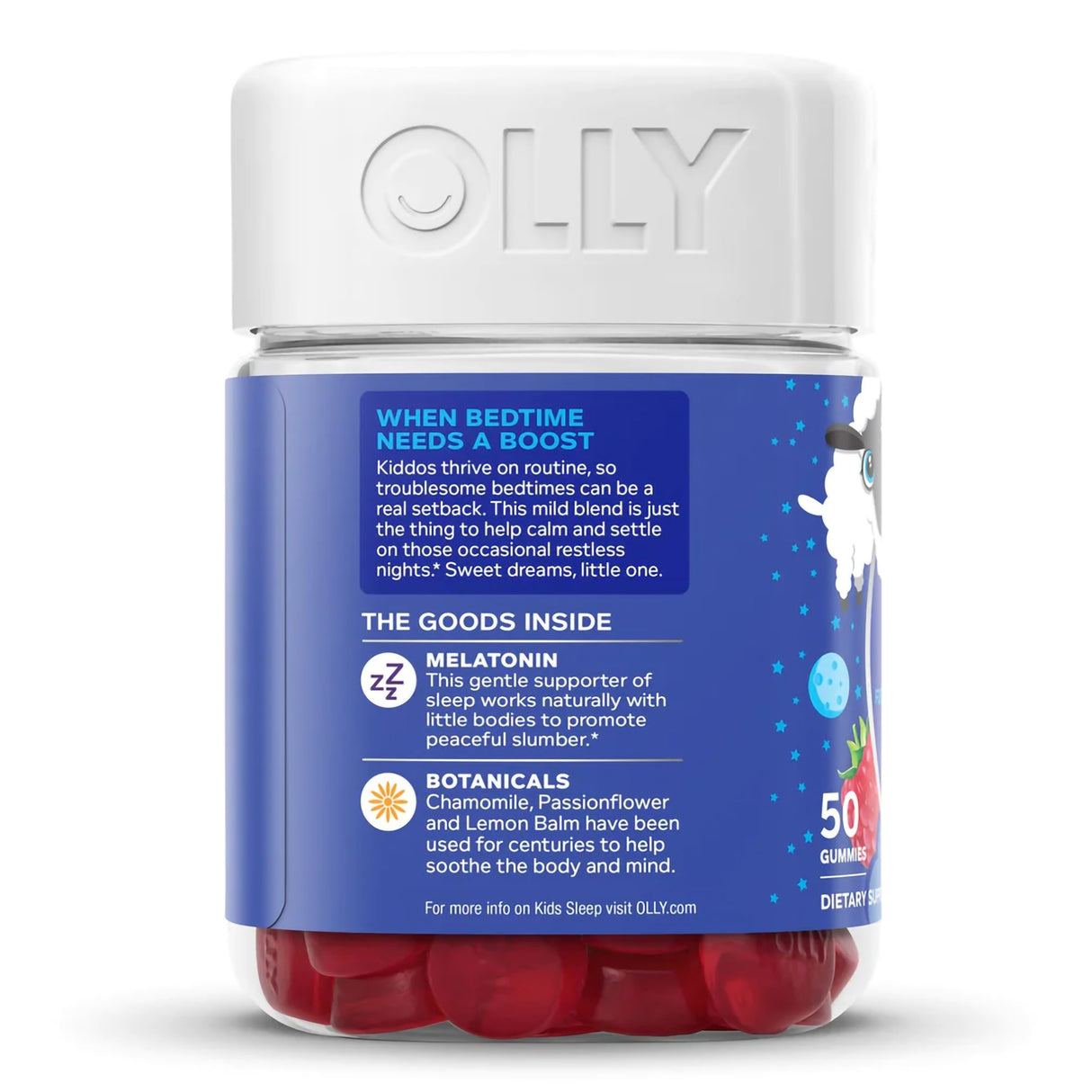 Dietary Supplement OLLY® Kids Sleep L-Theanine / Melatonin / Botanicals 15 mg - 0.5 mg - 2.5 mg Strength Gummy 50 per Bottle Raspberry Flavor - BeHope