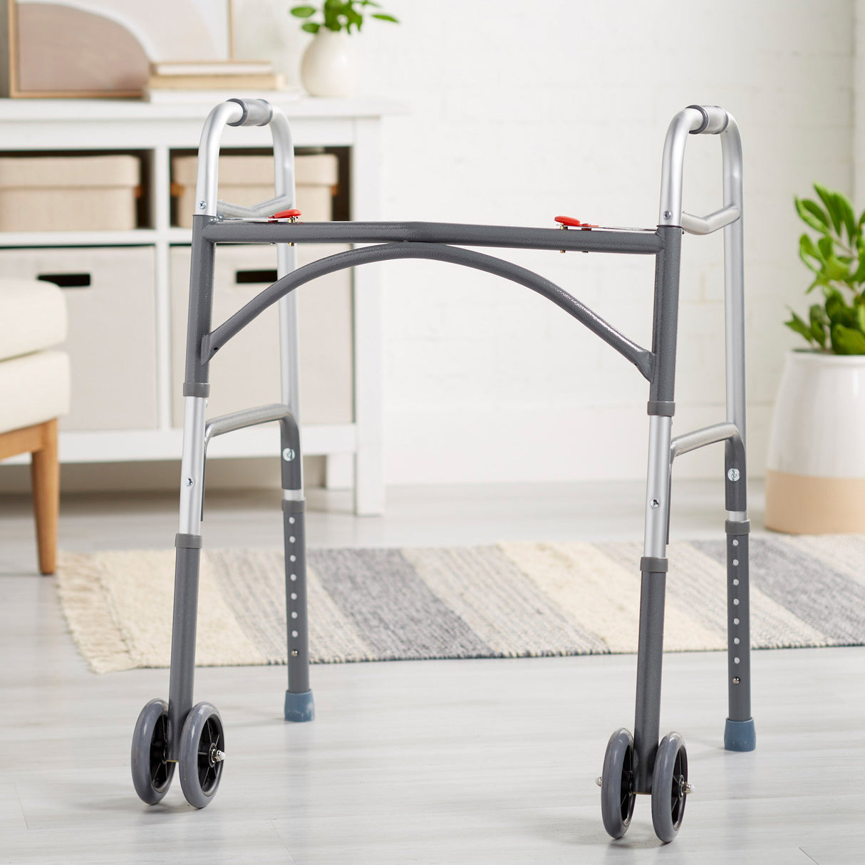 Bariatric Dual Release Folding Walker with Wheels Adjustable Height McKesson Steel Frame 500 lbs. Weight Capacity 32 to 39 Inch Height - BeHope