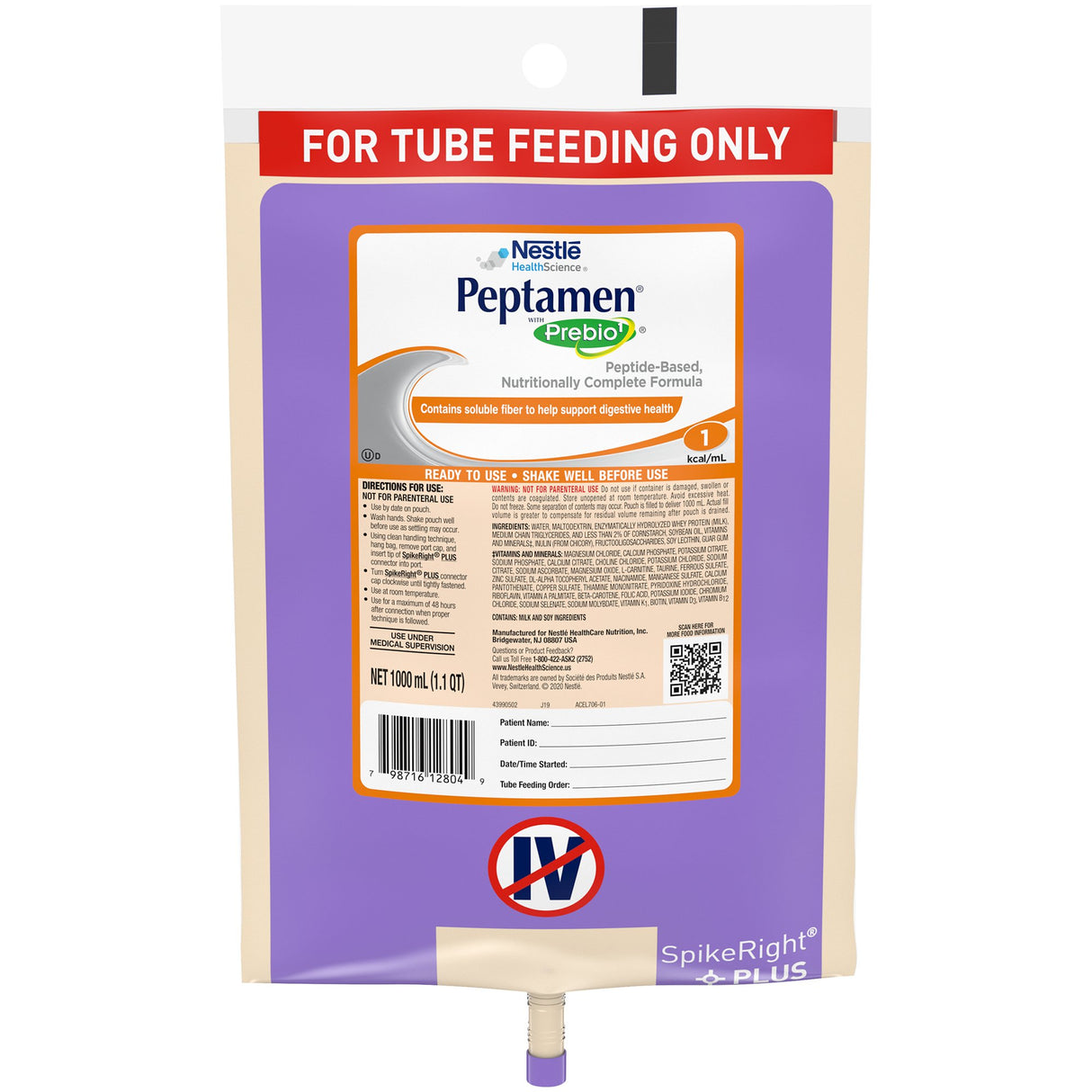 Tube Feeding Formula Peptamen® with Prebio 1™ Unflavored Liquid 1000 mL Ready to Hang Prefilled Container - BeHope