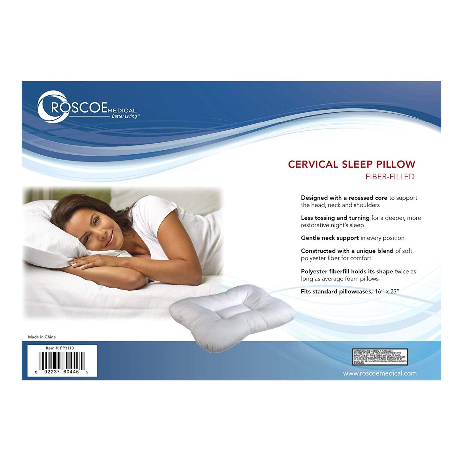 Cervical Pillow Roscoe Medical Soft 16 X 23 Inch White - BeHope