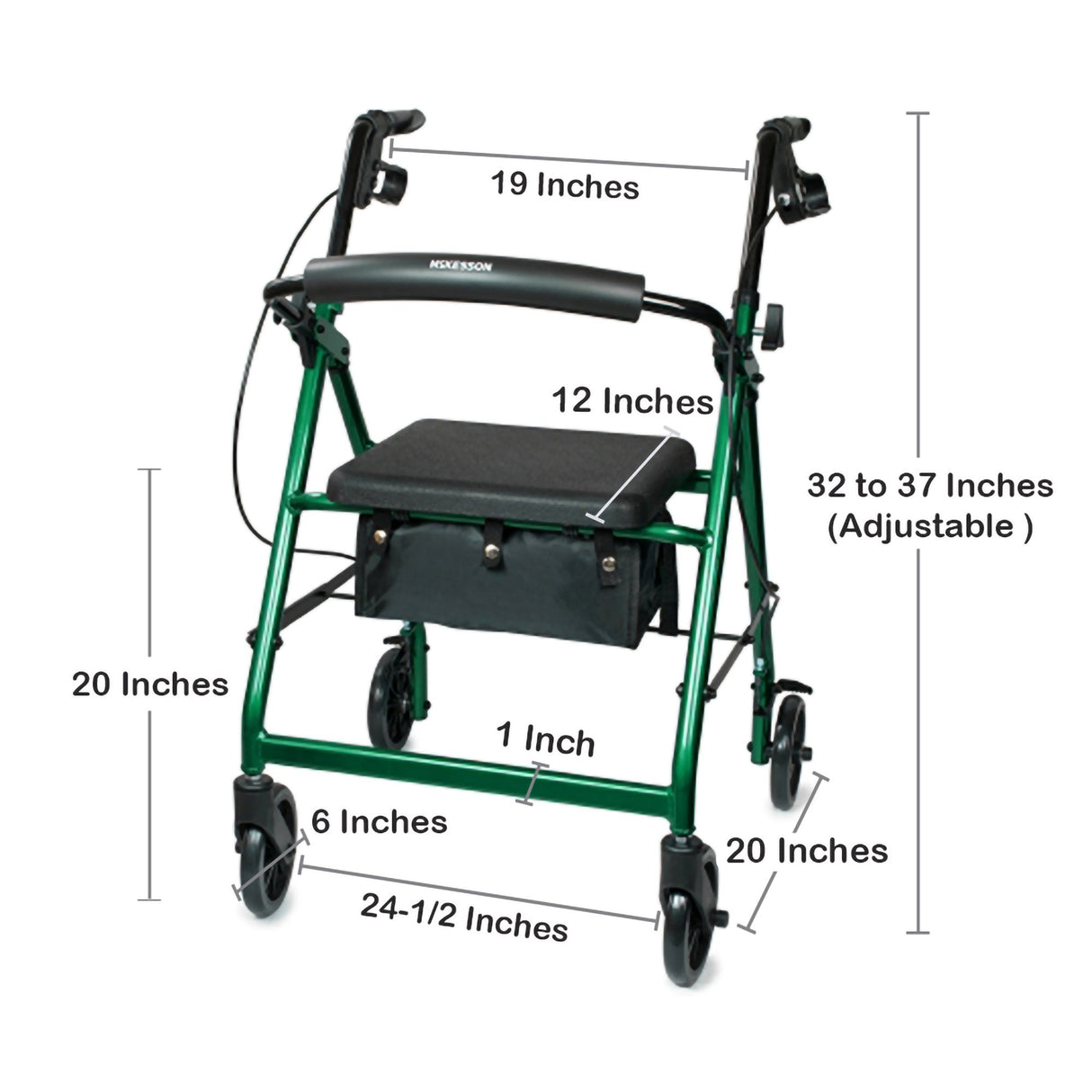4 Wheel Rollator McKesson Green Adjustable Height / Folding Aluminum Frame - BeHope