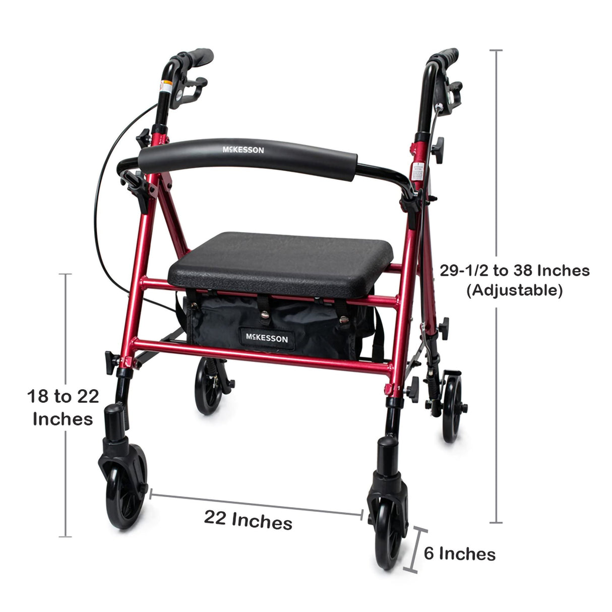 4 Wheel Rollator McKesson Red Adjustable Height / Folding Aluminum Frame - BeHope