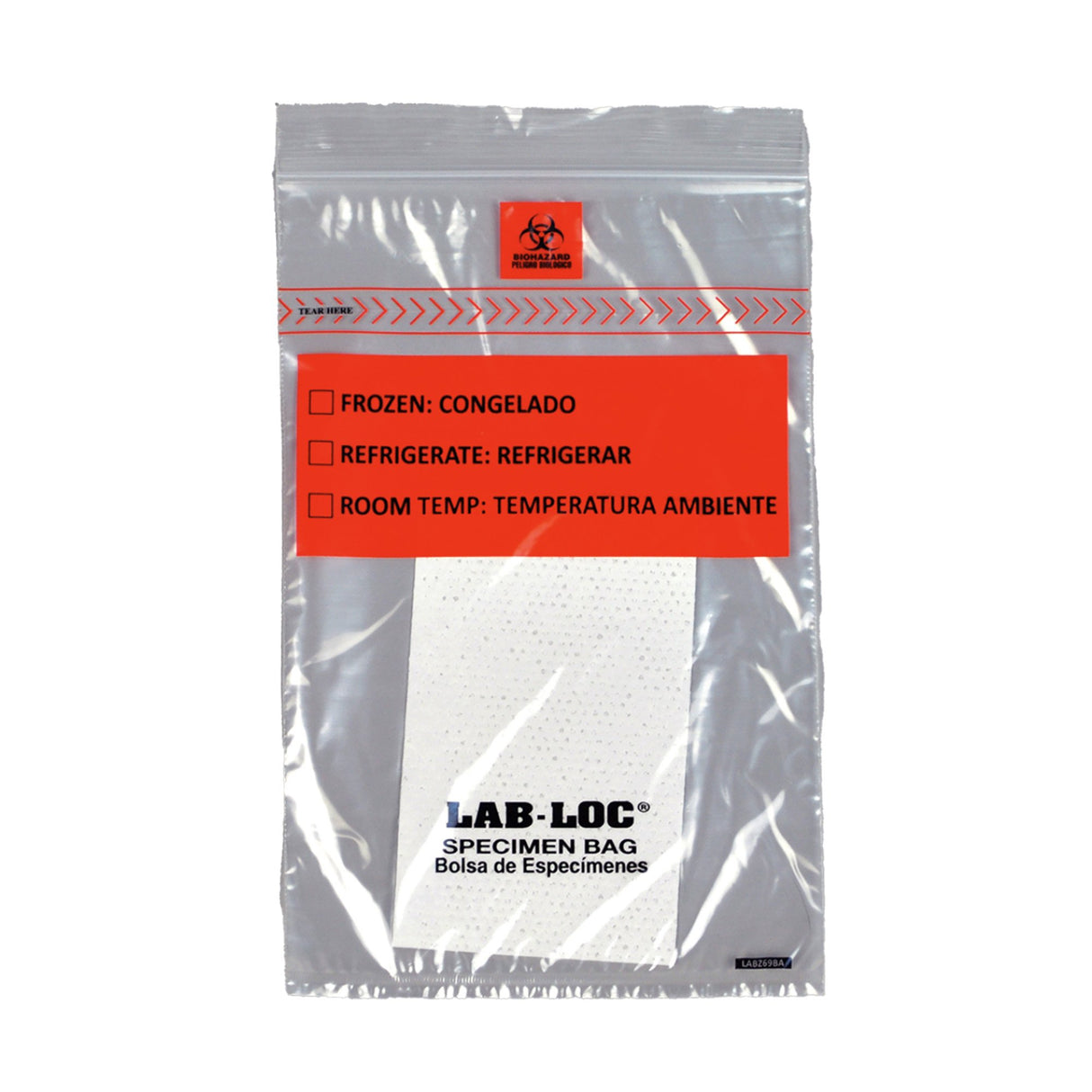 Specimen Transport Bag with Document Pouch and Absorbent Pad Lab-Loc® 6 X 9 Inch Zip Closure Biohazard Symbol / Storage Instructions NonSterile - BeHope
